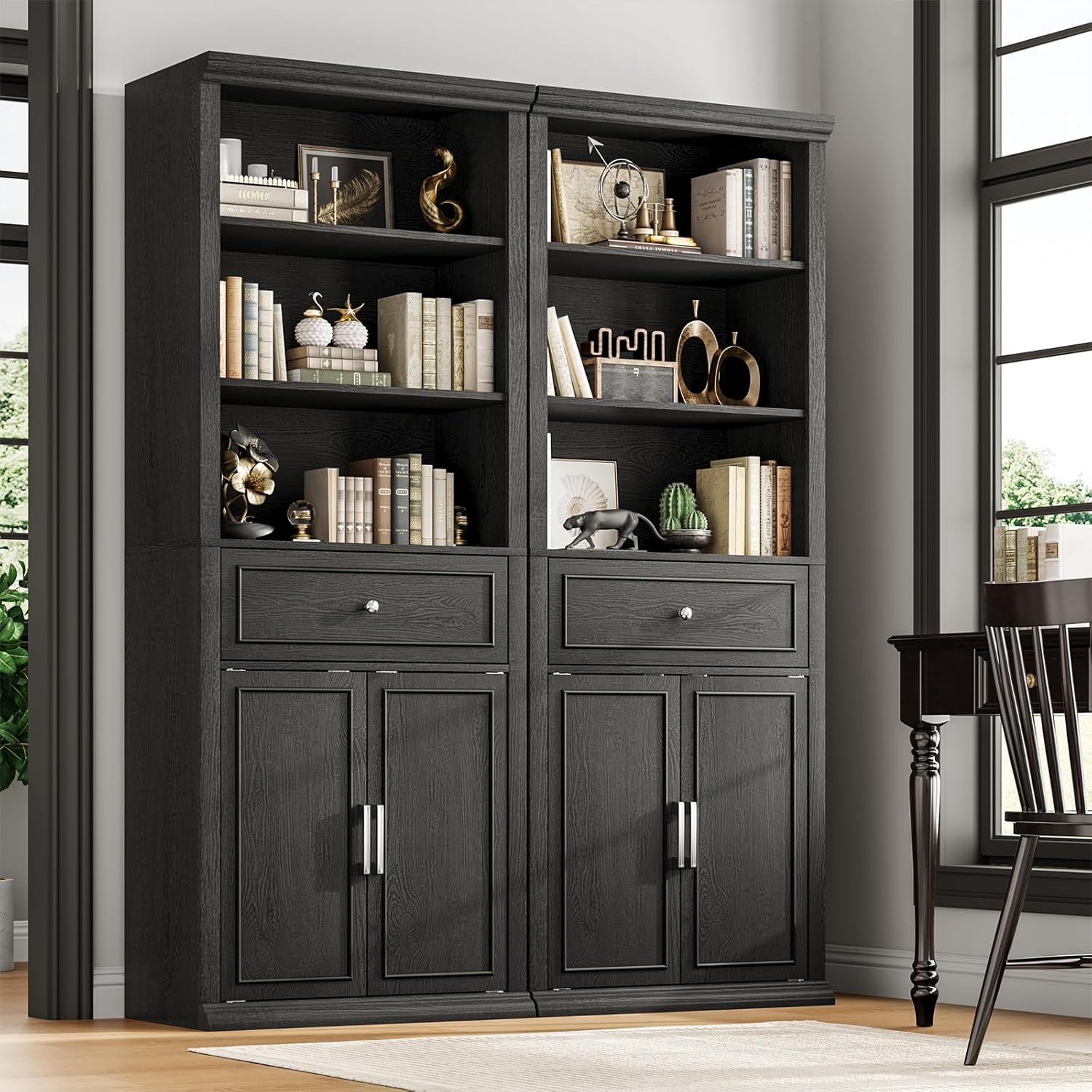 Rresyet Bookcase, 6 Tier Black Bookshelf 28" W Tall Minimalist Bookshelves with Storage Cabinet Suitable for Offices, Libraries, Living Rooms