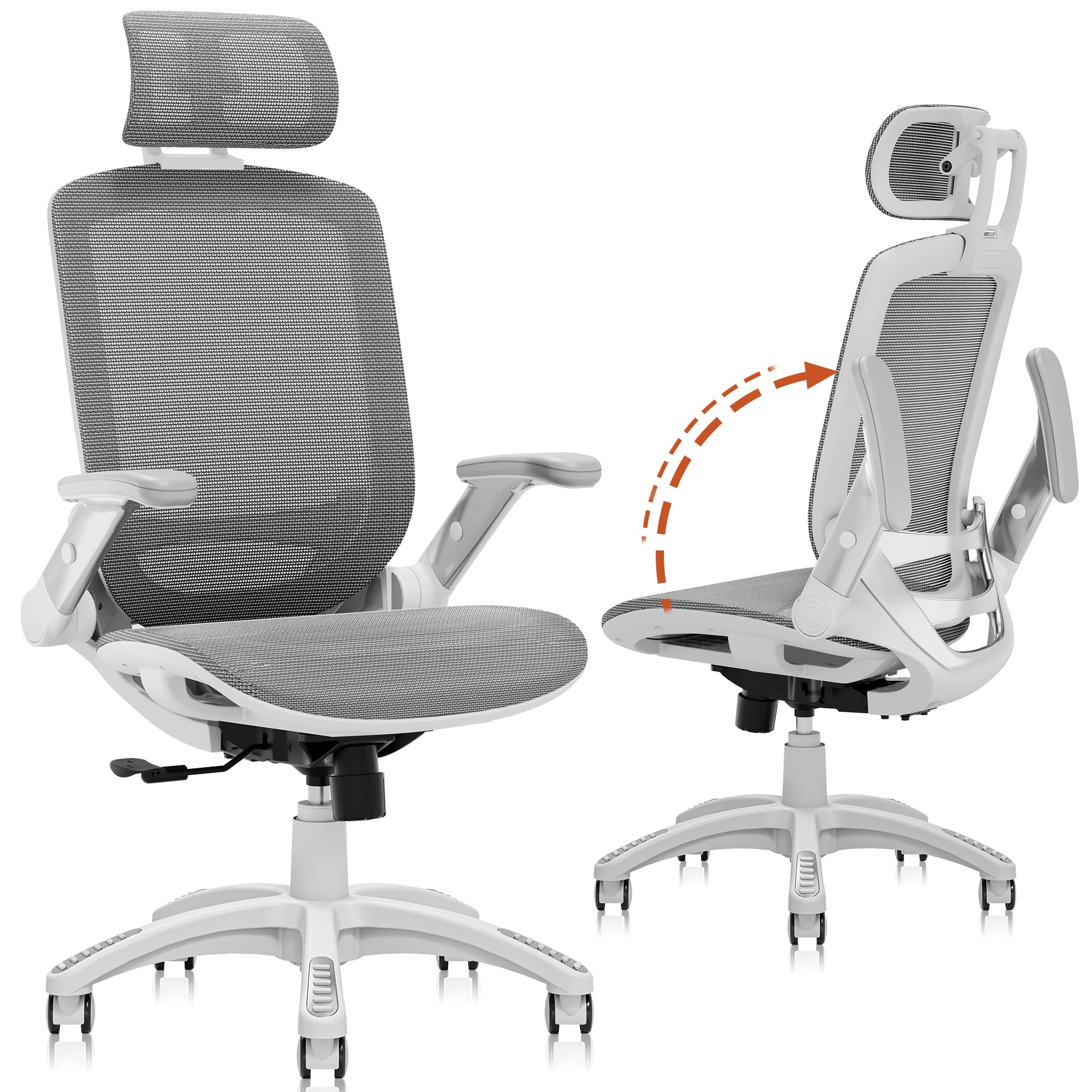 GABRYLLY Ergonomic Office Chair, High Back Home Desk Chair with Headrest, Flip-Up Arms, 90-120° Tilt Lock and Wide Cushion, Big and Tall Mesh Chairs for Man Woman, Black Task Chair