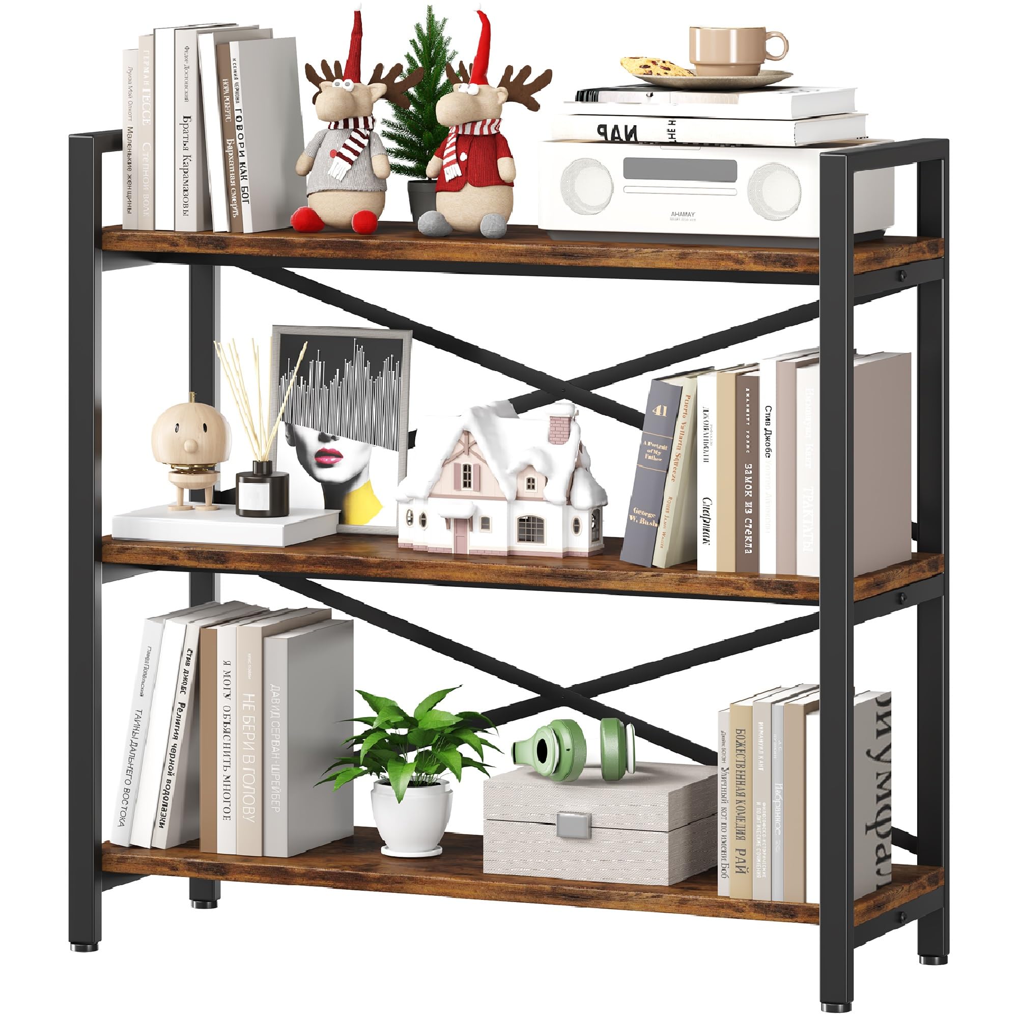 Homeiju Bookshelf, 3 Tier Industrial Bookcase, Metal Small Bookcase, Rustic Etagere Book Shelf Storage Organizer for Living Room, Bedroom, and Home Office(Rustic Brown) Patent Pending D29873033