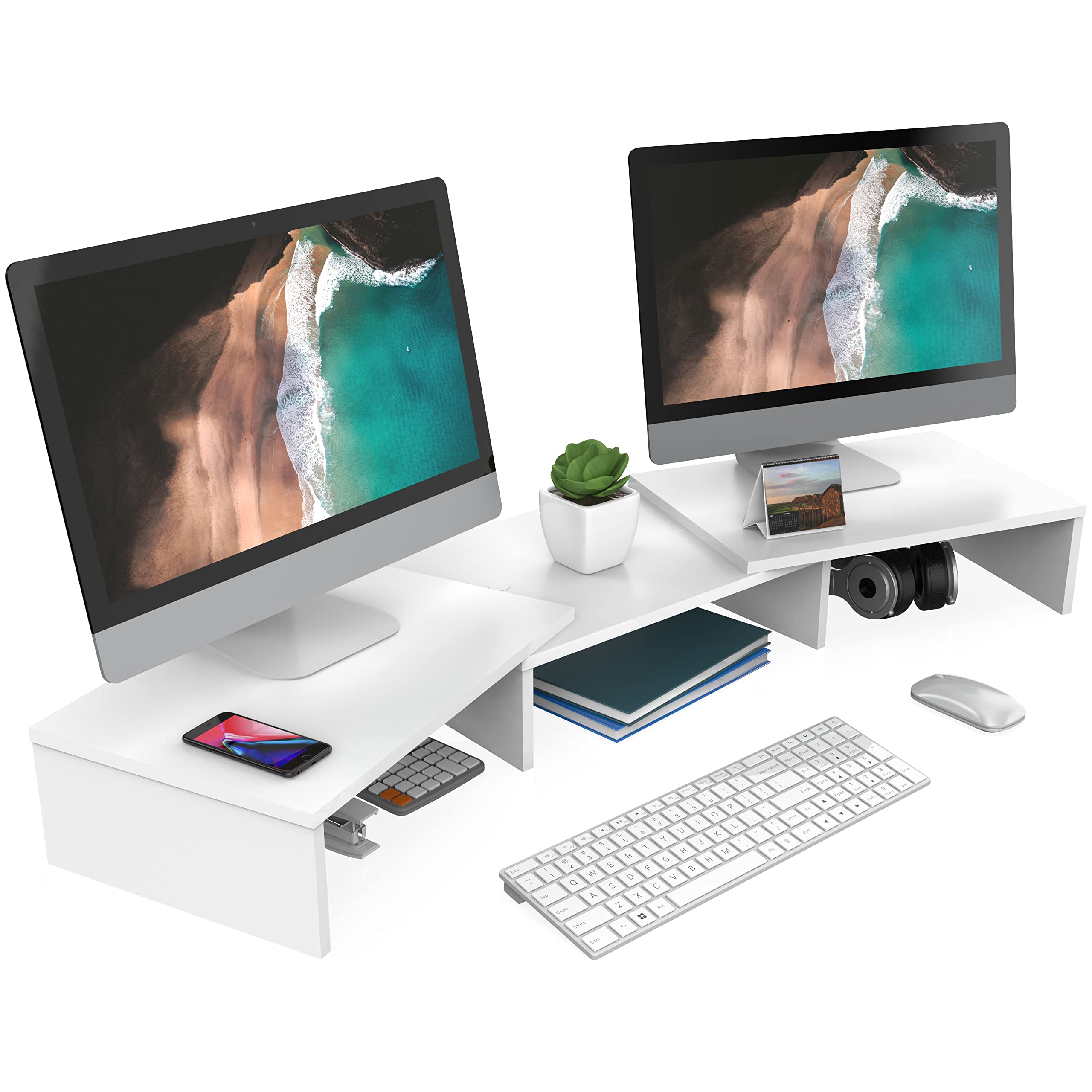 FITUEYES Dual Monitor Stand – 3 Shelf Computer Monitor Riser, Wood Desktop Stand with Adjustable Length and Angle, Desk Accessories, Office Supplies Medium Brown, DT108002WB