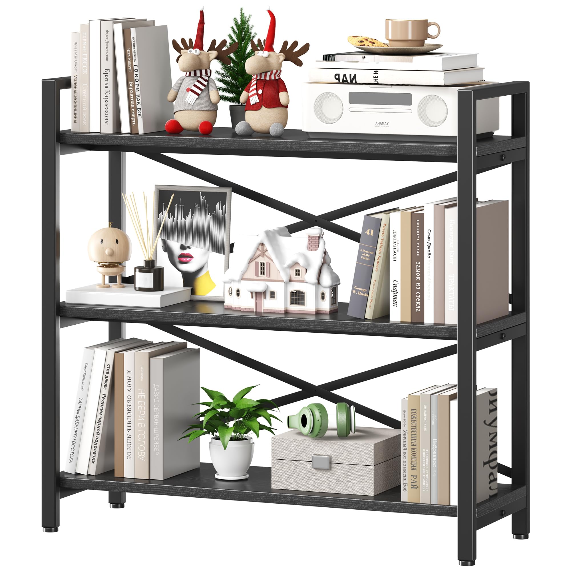 Homeiju Bookshelf, 3 Tier Industrial Bookcase, Metal Small Bookcase, Rustic Etagere Book Shelf Storage Organizer for Living Room, Bedroom, and Home Office(Rustic Brown) Patent Pending D29873033