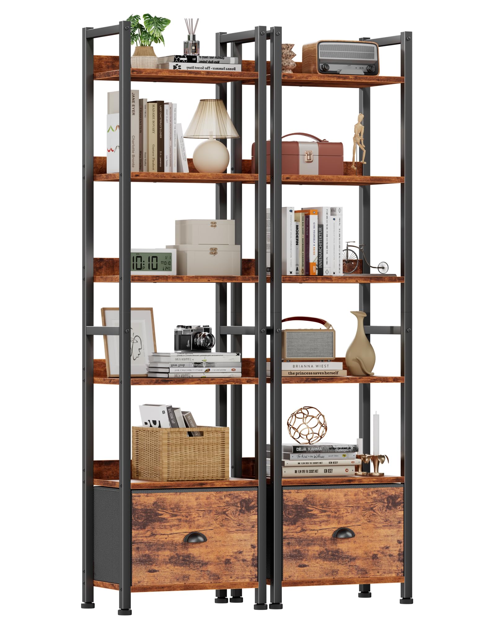 Furologee 5 Tier Bookshelf with Drawer, Tall Narrow Bookcase with Shelves, Wood and Metal Bookshelves Storage Organizer, Industrial Display Standing Shelf Unit for Bedroom, Living Room, Rustic Brown