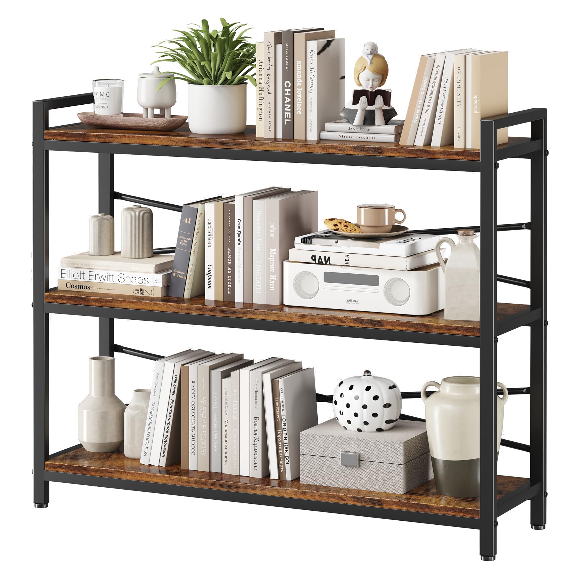 Homeiju Bookshelf, 3 Tier Industrial Bookcase, Metal Small Bookcase, Rustic Etagere Book Shelf Storage Organizer for Living Room, Bedroom, and Home Office(Rustic Brown) Patent Pending D29873033