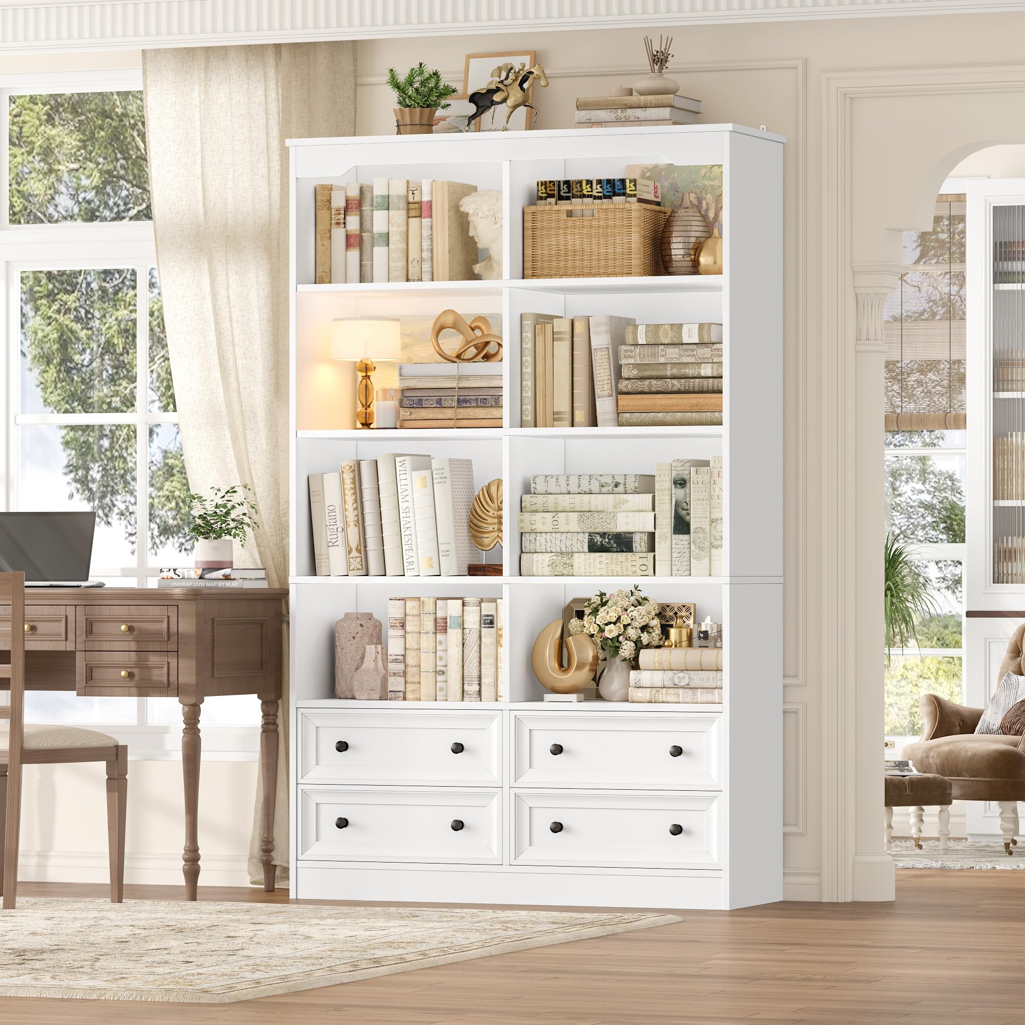 FINETONES 71" Tall Bookshelf with 4 Drawers, 6-Tier Double Wide Bookshelves and Bookcases with Storage, White Bookshelf Large Open Bookshelves Standing Book Cabinet for Home Office, White