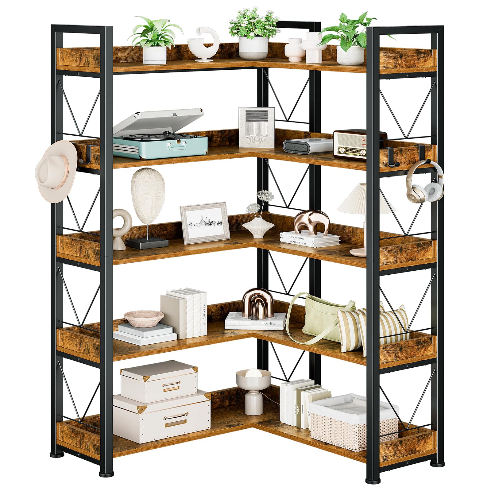 DUMOS 5 Tiers Bookshelf, Classical Modern Book Shelf, Tall Display Shelves in Living Room/Home/Office, Storage Organizer for CDs/Books/Movies, Rustic Brown