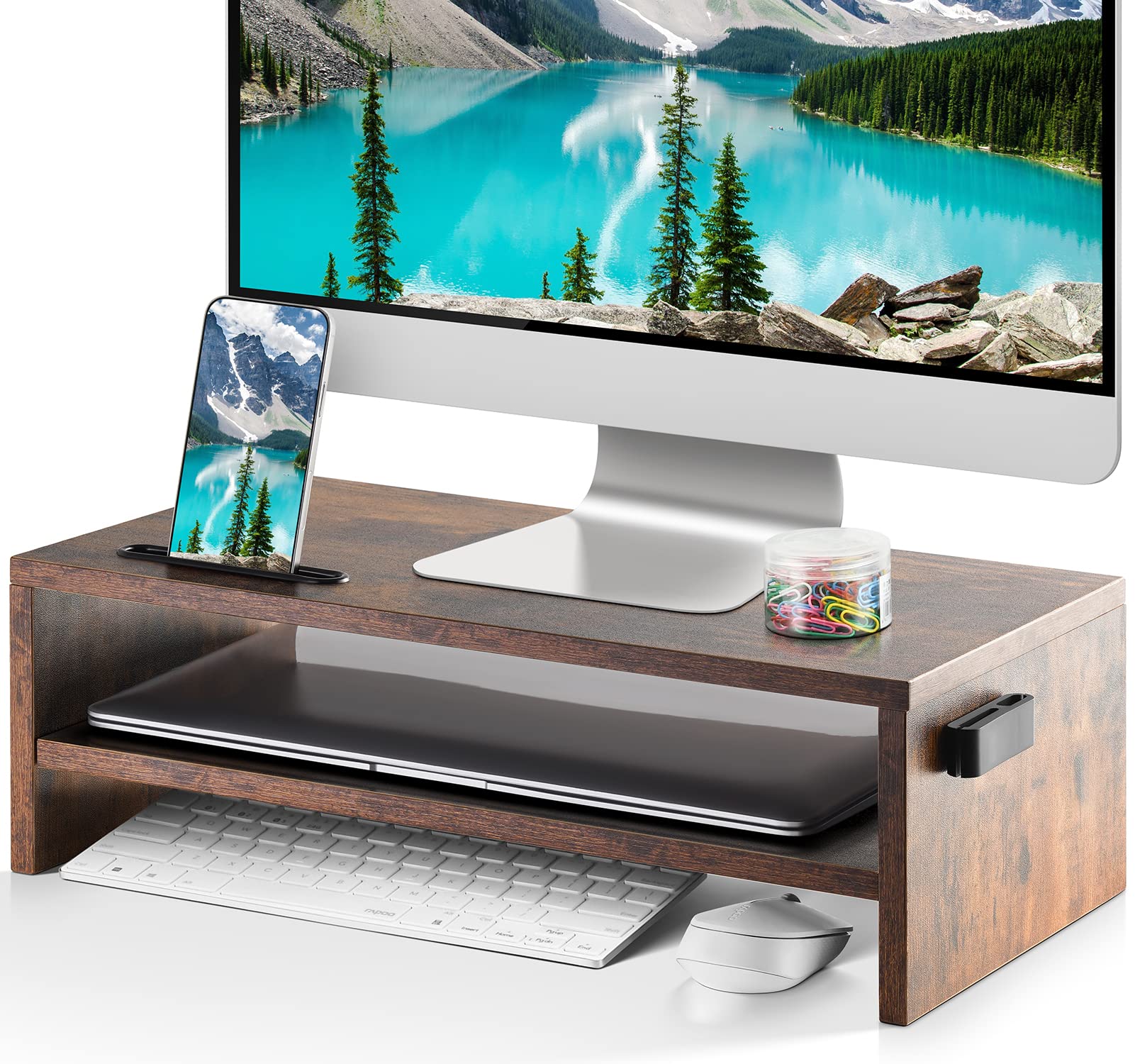 Marbrasse Monitor Stand Riser, 16.5 Inch 2 Tier Computer Printer Shelf Stand for Laptop Computer Screen Storage, Desktop Stand with Phone Holder and Cable Management Black