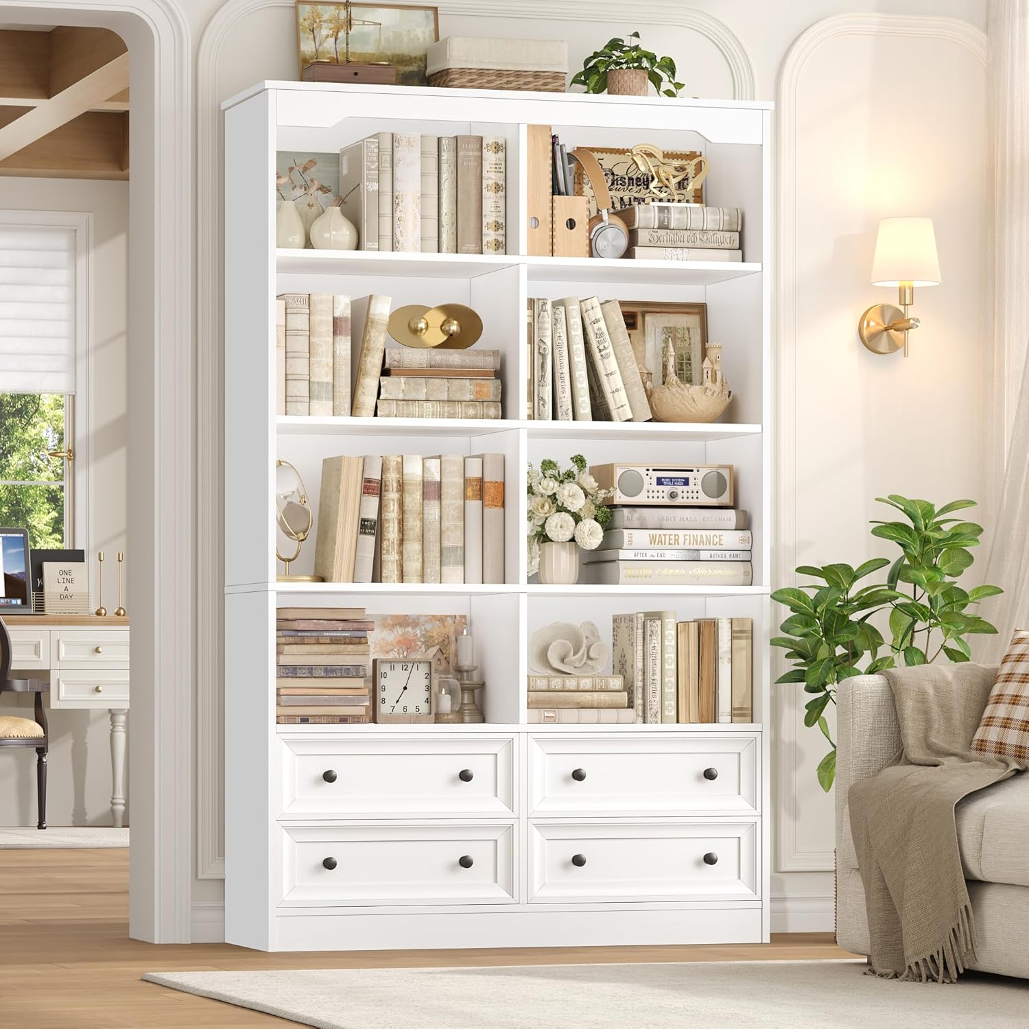FINETONES 71" Tall Bookshelf with 4 Drawers, 6-Tier Double Wide Bookshelves and Bookcases with Storage, White Bookshelf Large Open Bookshelves Standing Book Cabinet for Home Office, White