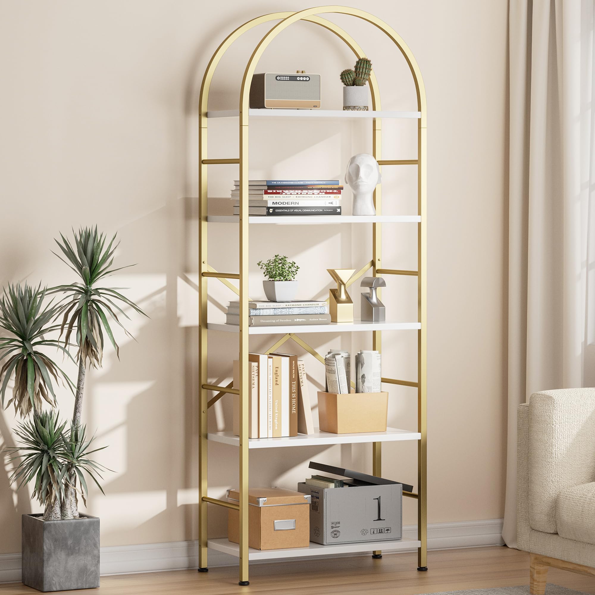 Shintenchi Bookshelf, Arched Bookshelf 5 Tier Bookcase, Tall Shelf for CDs/Books, Home Office Shelf Storage Organizer, Modern Book Shelf for Bedroom/Living Room, Rustic Brown