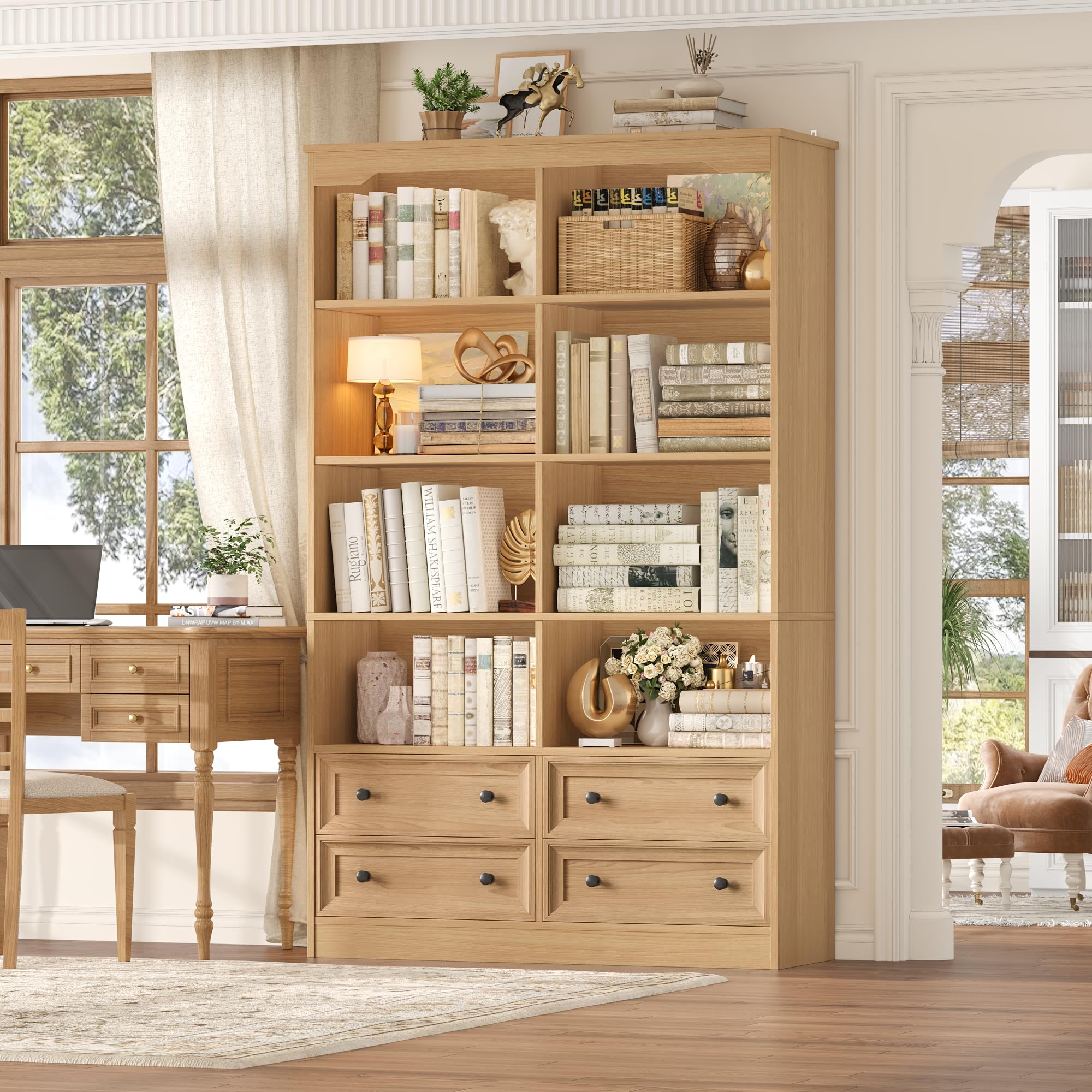 FINETONES 71" Tall Bookshelf with 4 Drawers, 6-Tier Double Wide Bookshelves and Bookcases with Storage, White Bookshelf Large Open Bookshelves Standing Book Cabinet for Home Office, White