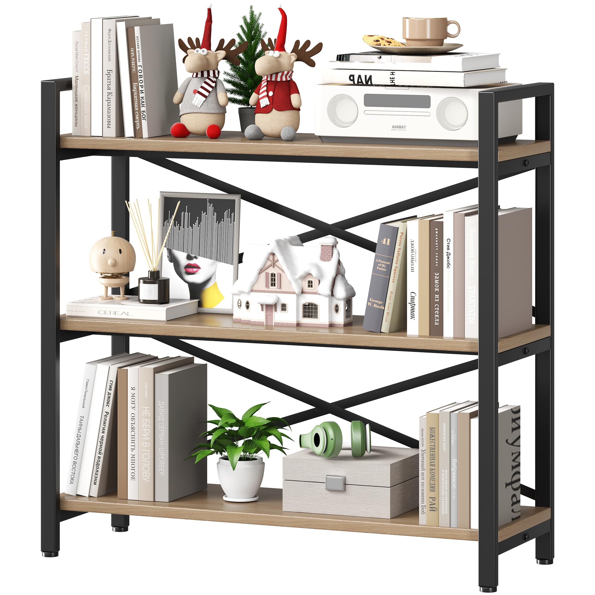 Homeiju Bookshelf, 3 Tier Industrial Bookcase, Metal Small Bookcase, Rustic Etagere Book Shelf Storage Organizer for Living Room, Bedroom, and Home Office(Rustic Brown) Patent Pending D29873033