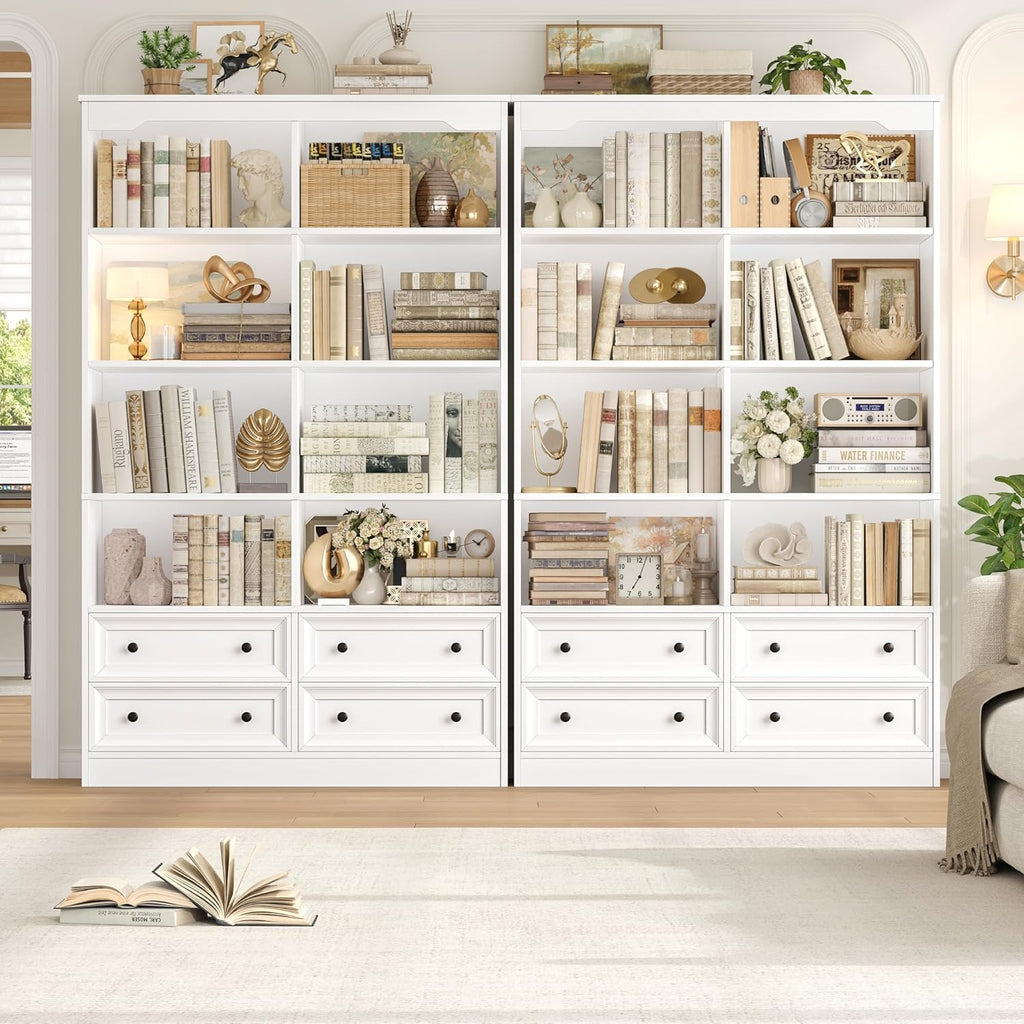 FINETONES 71" Tall Bookshelf with 4 Drawers, 6-Tier Double Wide Bookshelves and Bookcases with Storage, White Bookshelf Large Open Bookshelves Standing Book Cabinet for Home Office, White