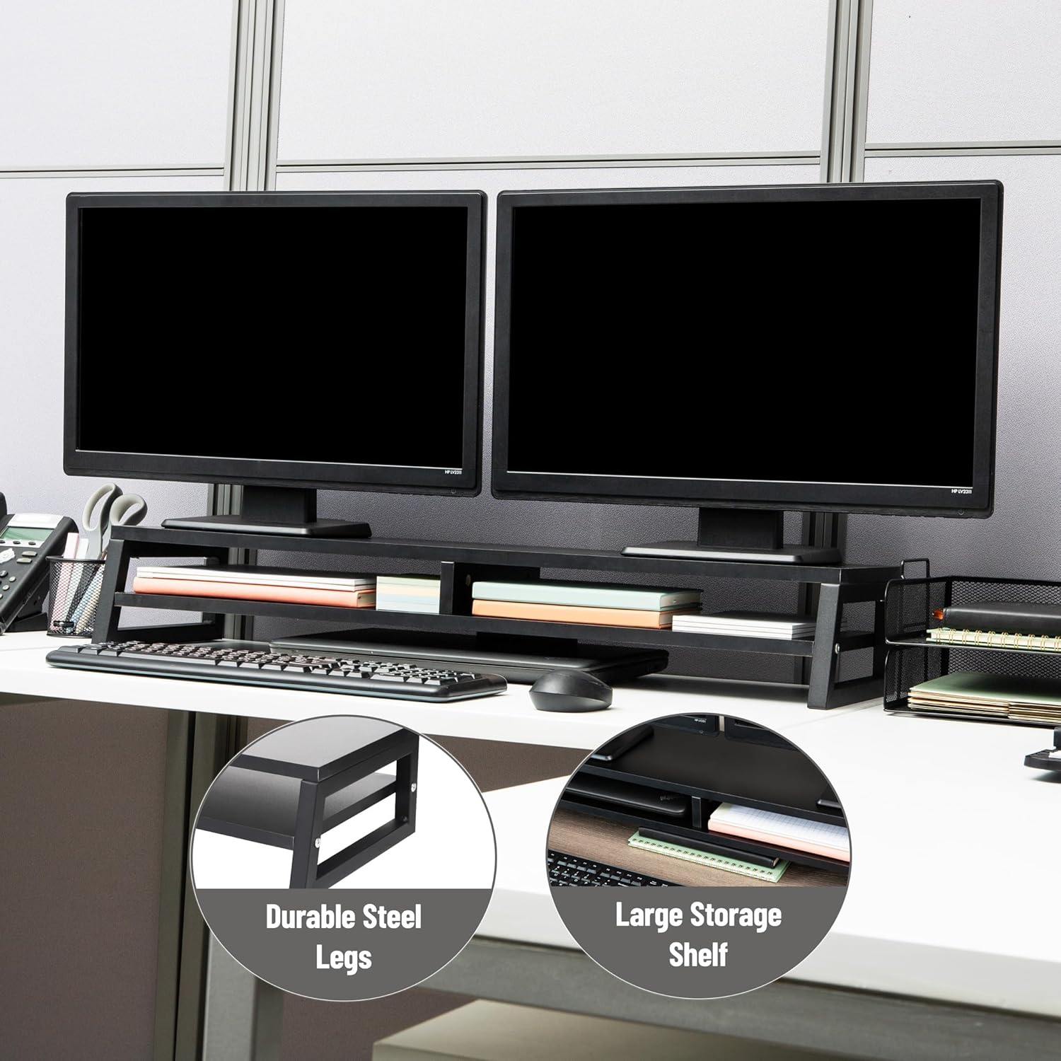 Mind Reader 2-Tier MDF Double Monitor Stand, Dual Screen Riser with Storage Shelf, 33.75 Inch Wide, 88 lb Capacity, Black
