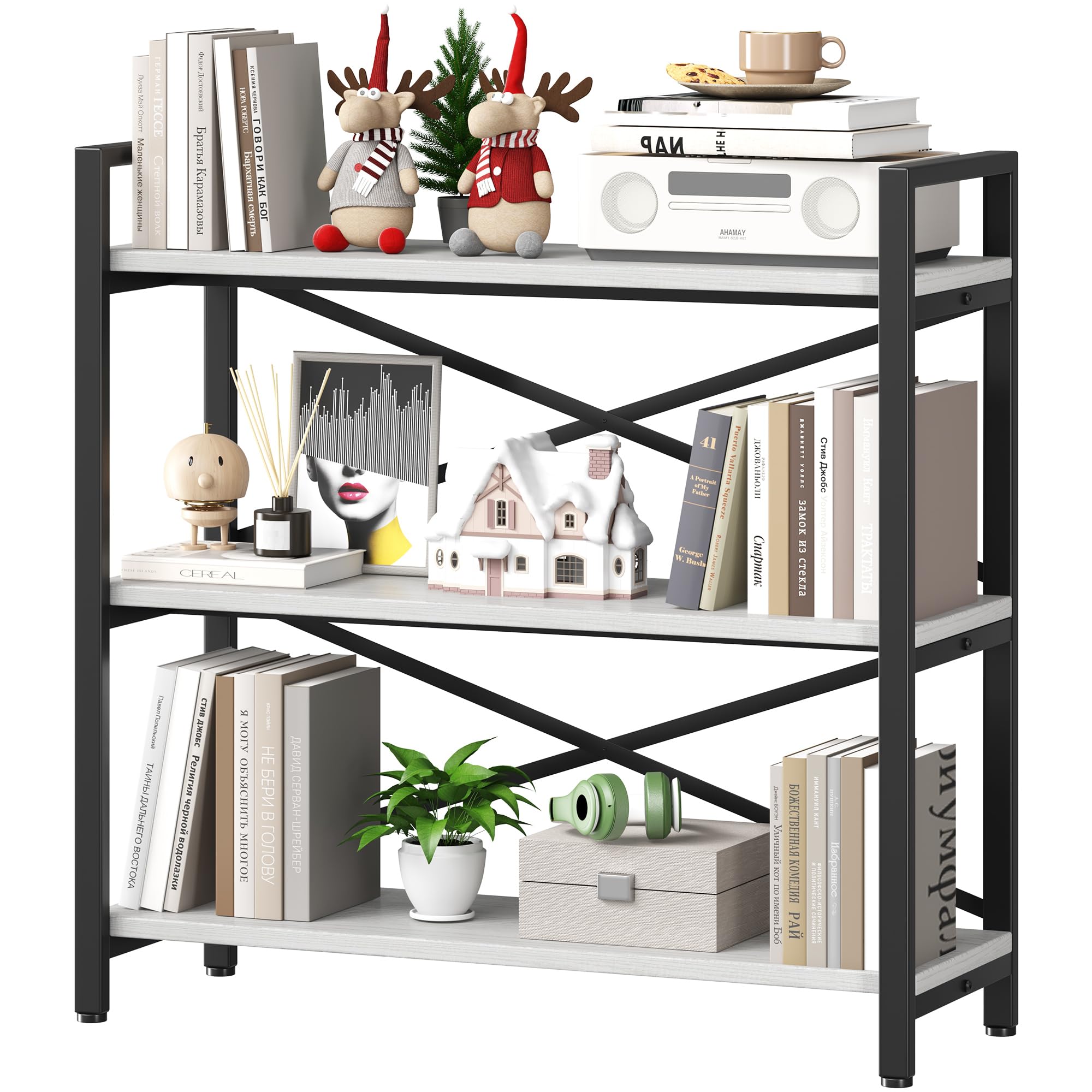 Homeiju Bookshelf, 3 Tier Industrial Bookcase, Metal Small Bookcase, Rustic Etagere Book Shelf Storage Organizer for Living Room, Bedroom, and Home Office(Rustic Brown) Patent Pending D29873033
