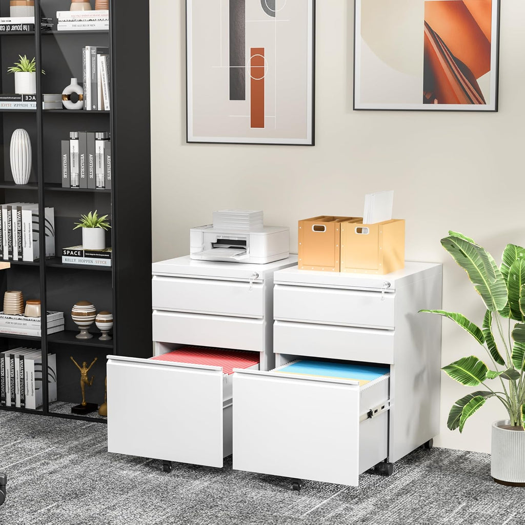 INTERGREAT 3 Drawer Filing Cabinet with Lock, White Mobile File Cabinet with Wheels, Rolling Small Metal Cabinets Under Desk for Home Office, Assembled