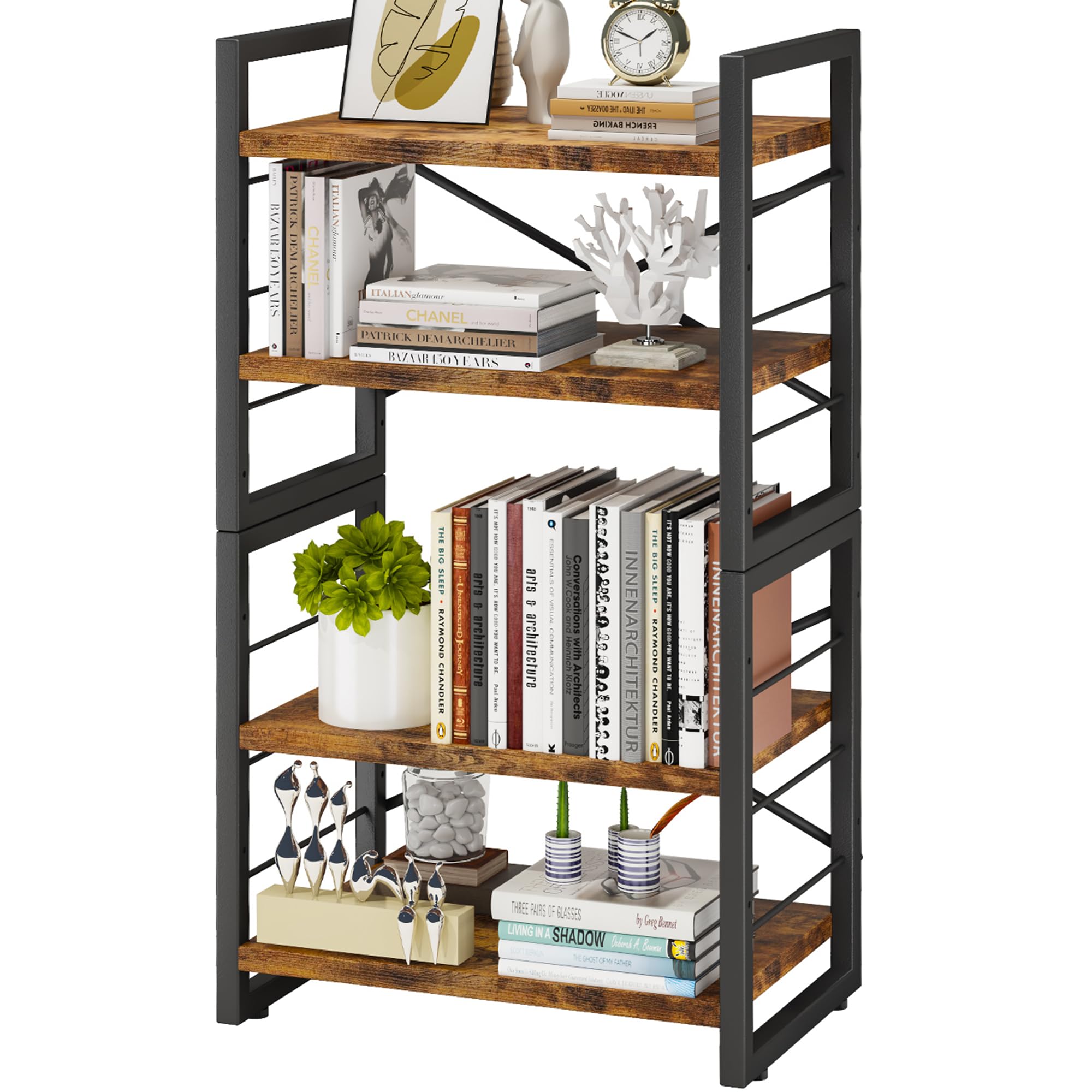 Homeiju Bookshelf, 3 Tier Industrial Bookcase, Metal Small Bookcase, Rustic Etagere Book Shelf Storage Organizer for Living Room, Bedroom, and Home Office(Rustic Brown) Patent Pending D29873033