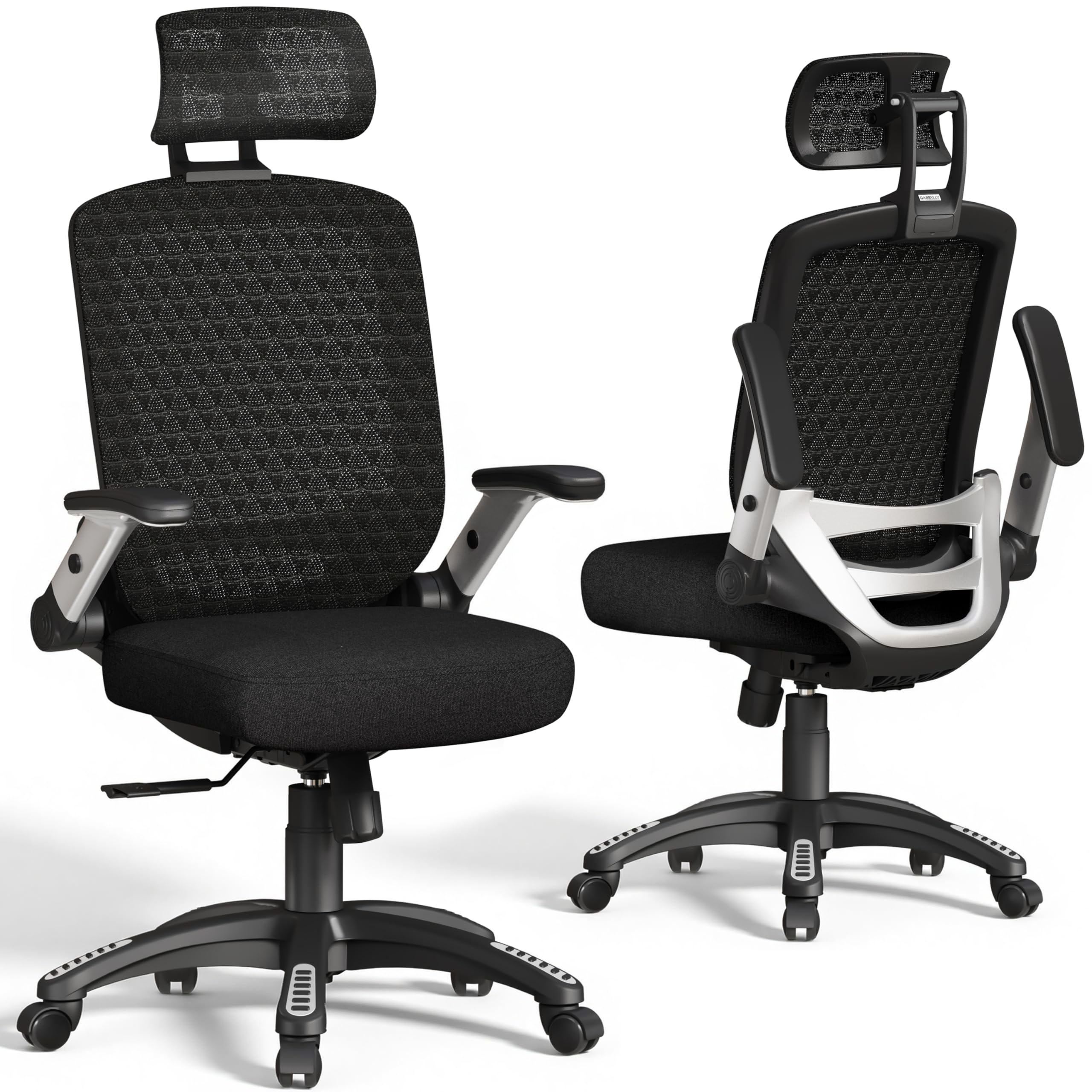 GABRYLLY Ergonomic Office Chair, High Back Home Desk Chair with Headrest, Flip-Up Arms, 90-120° Tilt Lock and Wide Cushion, Big and Tall Mesh Chairs for Man Woman, Black Task Chair