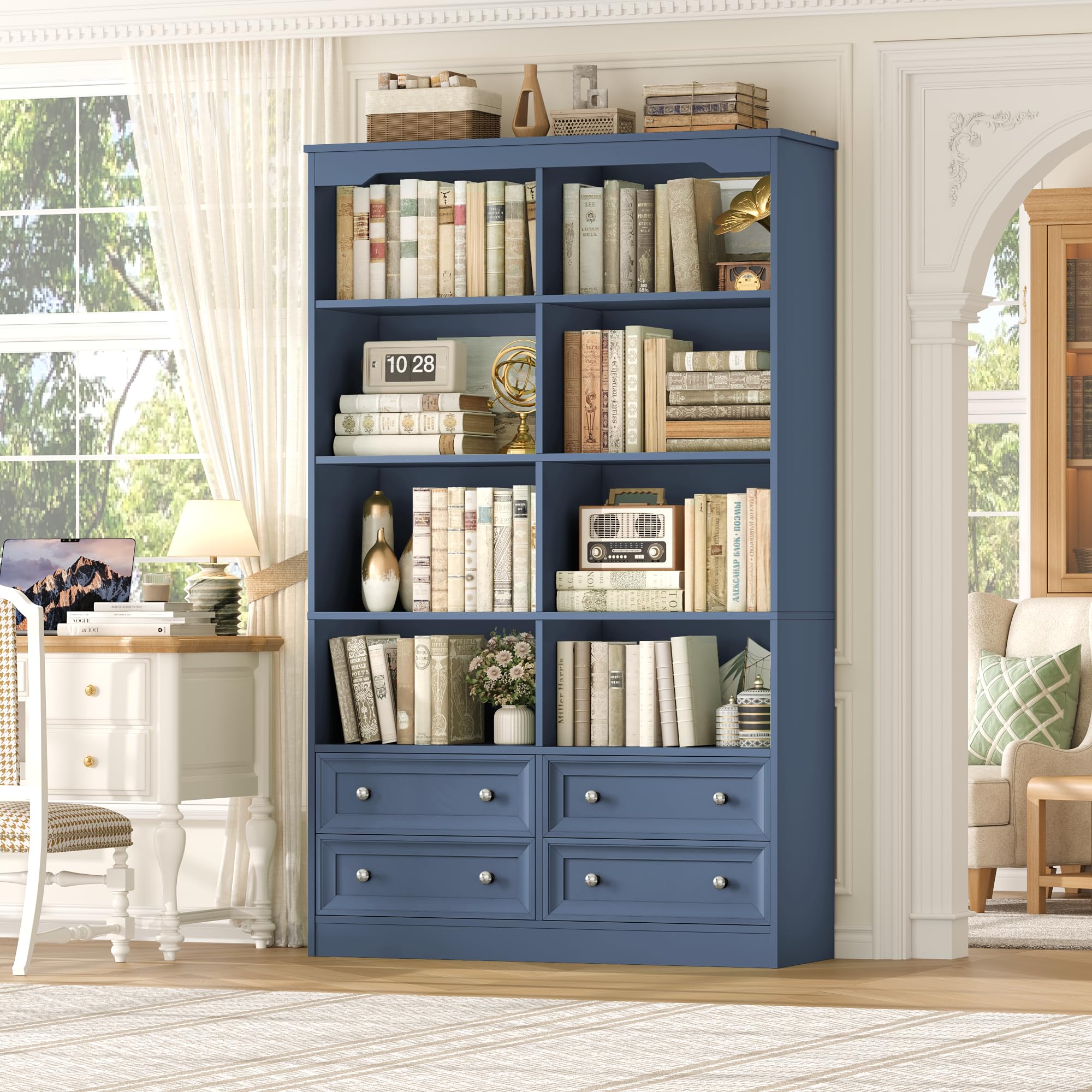 FINETONES 71" Tall Bookshelf with 4 Drawers, 6-Tier Double Wide Bookshelves and Bookcases with Storage, White Bookshelf Large Open Bookshelves Standing Book Cabinet for Home Office, White