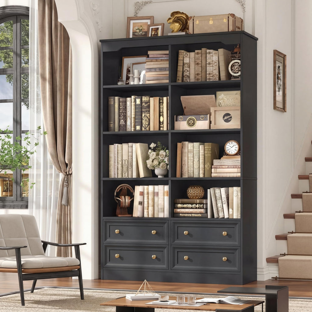 FINETONES 71" Tall Bookshelf with 4 Drawers, 6-Tier Double Wide Bookshelves and Bookcases with Storage, White Bookshelf Large Open Bookshelves Standing Book Cabinet for Home Office, White