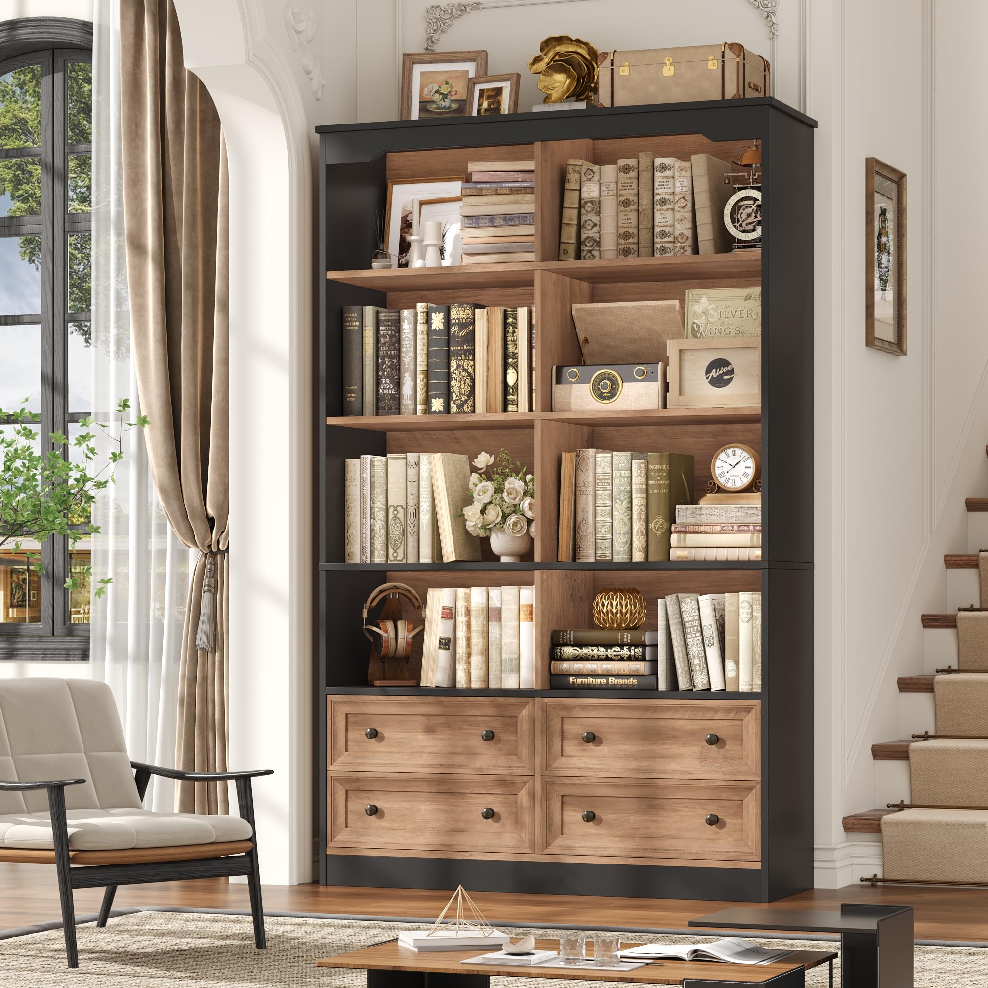 FINETONES 71" Tall Bookshelf with 4 Drawers, 6-Tier Double Wide Bookshelves and Bookcases with Storage, White Bookshelf Large Open Bookshelves Standing Book Cabinet for Home Office, White